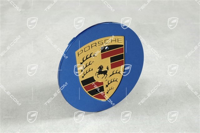 Hub cap, round, concave, Porsche crest coloured, Sapphire Blue Metallic