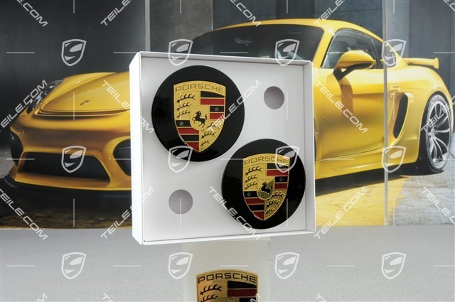 Center cap set (4 pcs.), convex, black high gloss, with coloured Porsche crest