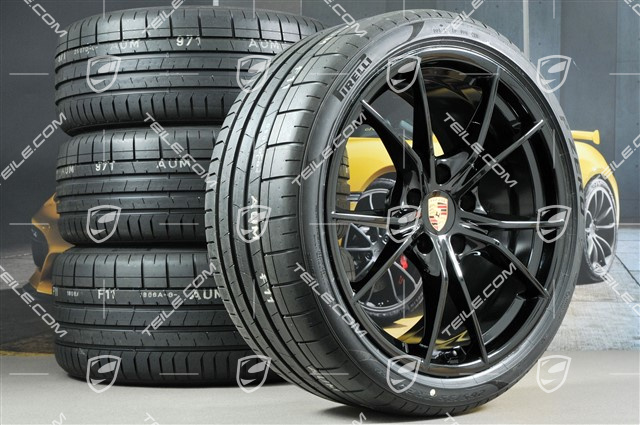 20" Carrera S Sommerräder Satz, Felgen 8J x 20 ET57 + 10J x 20 ET45 + NEUE Pirelli Sommerreifen 235/35 ZR20 +265/35 ZR20, schwarz (hochglanz), mit RDK-Sensoren