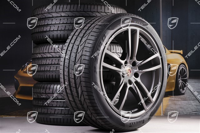 21-inch Cayenne Turbo Design summer wheel set, rims 9,5J x 21 ET46 + 11,0J x 21 ET58 + Pirelli P Zero summer tyres 285/40 R21 + 315/35 R21, with TPMS, Platinum satin mat