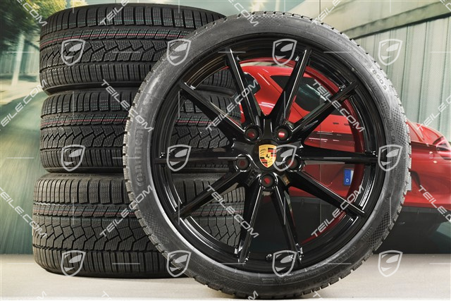 20"+21" Carrera S Winterräder Satz, Felgen 8,5J x 20 ET53 + 11J x 21 ET66 + Continental Winterreifen 245/35 R20 + 295/30 R21, in Schwarz Hochglanz