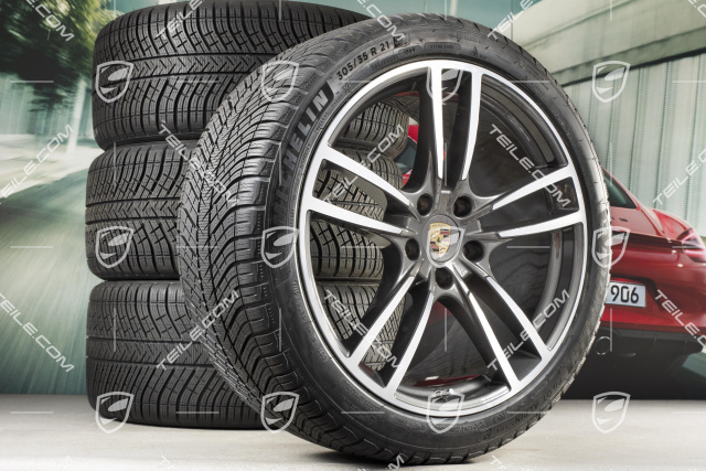 21" koła zimowe Cayenne Turbo, komplet, felgi 9,5J x 21 ET46 + 11,0J x 21 ET58 + opony zimowe Michelin 275/40 R21 + 305/35 R21, z czujnikami ciśnienia, Titanium