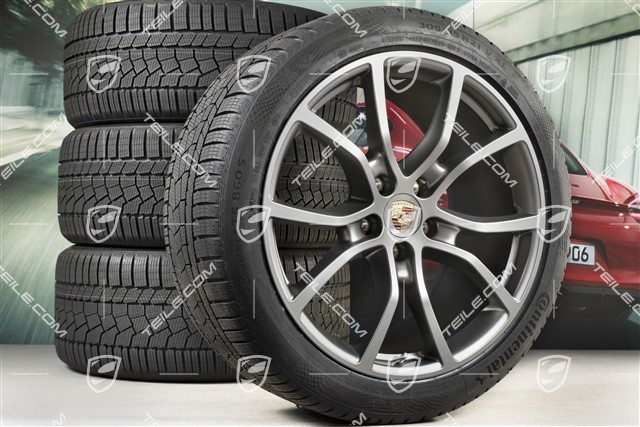 21-inch Cayenne Exclusive Design winter wheel set, rims 9,5J x 21 ET46 + 11,0J x 21 ET58 + NEW Continental winter tyres 275/40 R21 + 305/35 R21, with TPMS, Platinum satin-mat
