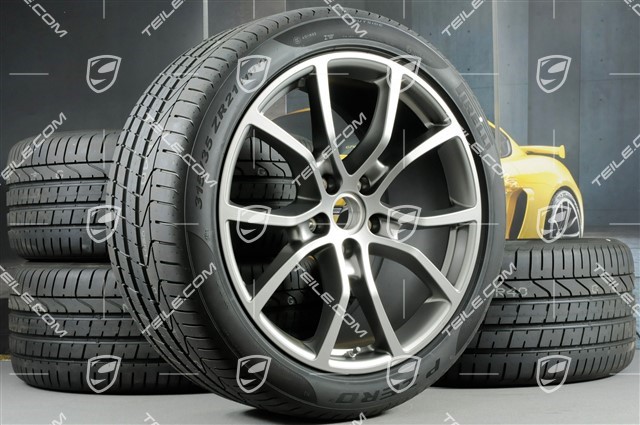 21-inch Cayenne Exclusive Design summer wheel set, rims 9,5J x 21 ET46 + 11,0J x 21 ET58 + Pirelli P Zero summer tyres 285/40 R21 + 315/35 R21, with TPMS, Platinum satin matt