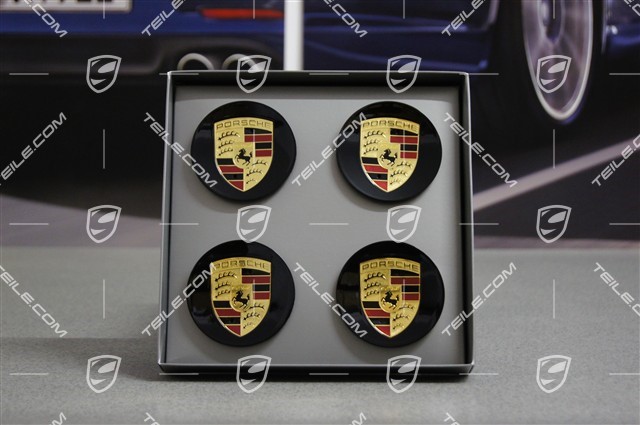 Center cap set (4 pcs.), black, high gloss, with coloured Porsche crest, CONCAVE
