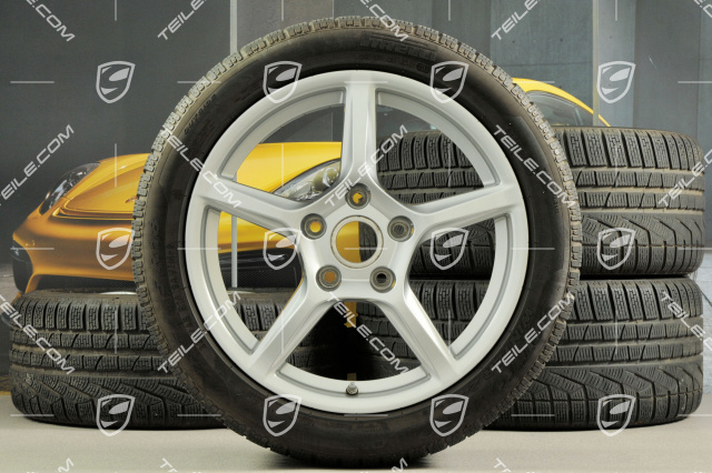 18" Boxster winter wheel set, 8J x 18 ET57 + 9J x 18 ET47 + winter tyres Pirelli Sottozero II 235/45 R18 + 265/45 R18, with TPMS.