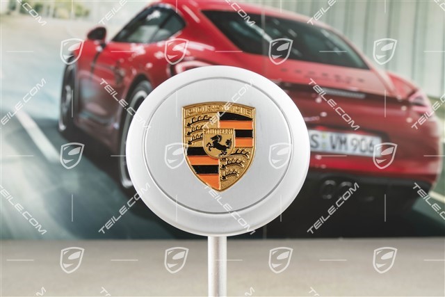 Radzierdeckel, für Innendurchmesser 66 mm, für Fuchsfelgen, eloxiert, silber mit farbigem, geprägten Porsche Wappen (orange)