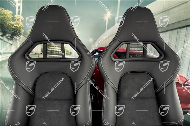 Bucket seat, collapsible, leather/Alcantara Black, seam in Silver, with Porsche crest, set L+R