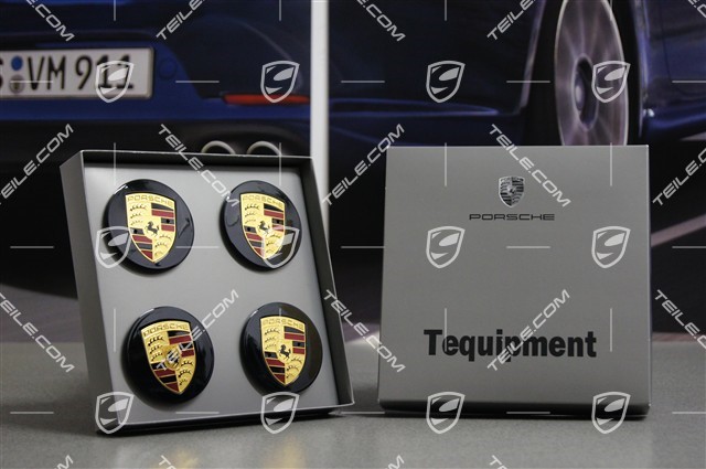 Center cap set (4 pcs.), black, high gloss, with coloured Porsche crest