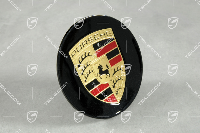 Hub cap, round, concave, Porsche crest coloured, Jet Black Metallic