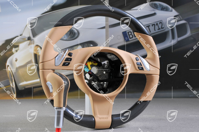 Steering wheel CARBON, multi-function, heated + selector lever, Luxor Beige.