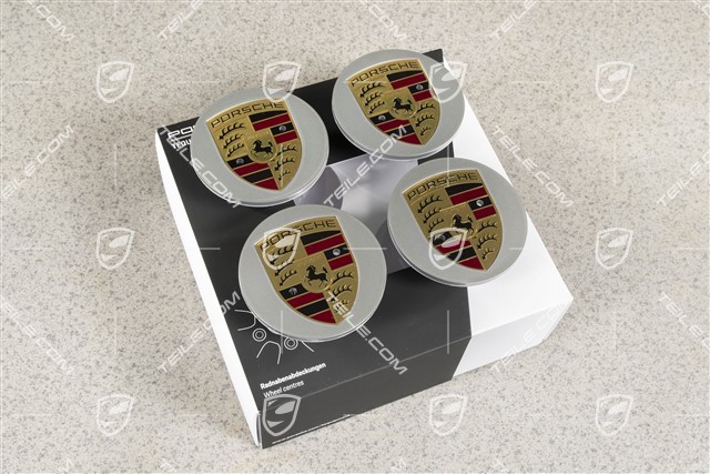 Dekielki na koła, komplet (4 szt.), brylantowy chrom, z kolorowym herbem Porsche, do felg 20-cali Macan SportDesign