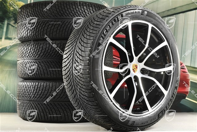 21-inch Cayenne COUPE Exclusive Design winter wheel set, rims 9,5J x 21 ET46 + 11,0J x 21 ET49 + Michelin Pilot Alpin 5 SUV winter tyres 285/45 R21 + 305/40 R21, with TPMS, black high gloss
