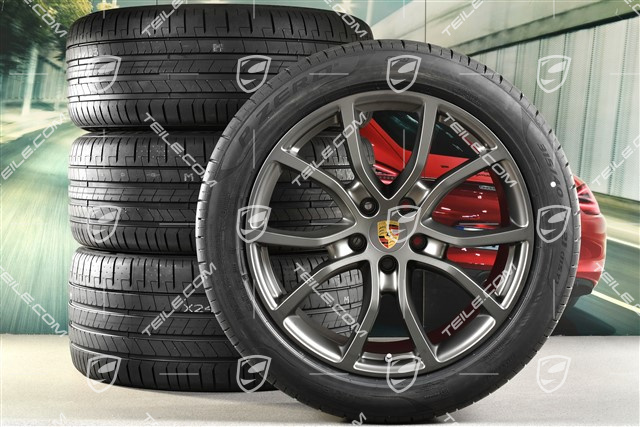 21-inch Cayenne Coupe Exclusive Design summer wheel set, rims 9,5J x 21 ET46 + 11,0J x 21 ET49 + NEW Pirelli P Zero summer tyres 285/45 R21 + 315/40 R21, with TPMS, Platinum satin-mat