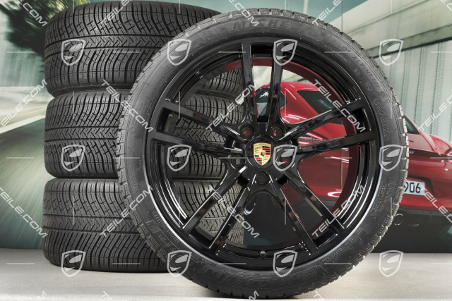 21" koła zimowe Cayenne Turbo, komplet, felgi 9,5J x 21 ET46 + 11,0J x 21 ET58 + NOWE opony zimowe Michelin 275/40 R21 + 305/35 R21, z czujnikami ciśnienia, czarny wysoki połysk