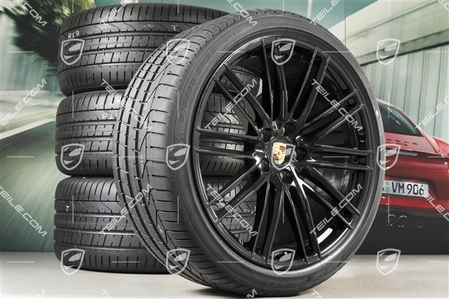 22-inch summer wheel set 911 Turbo IV Design, rims 10J x 22 ET48 + 11,5J x 22 ET61 + NEW Pirelli summer tyres 285/35 ZR22 + 315/30 ZR22,  black high gloss, with TPM