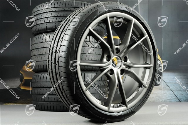 20-inch Carrera S (IV) summer wheels set, rims 8,5 J x 20 ET49 + 11,5 J x 20 ET76 + summer tires 245/35 R20 + 305/30 R20, in Platinum, with TPM