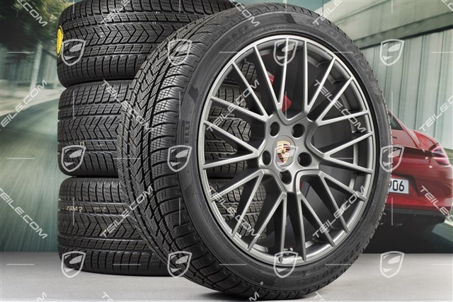 21" koła zimowe Cayenne RS Spyder, komplet, felgi 9,5J x 21 ET46 + 11,0J x 21 ET58 + NOWE opony zimowe Pirelli 275/40 R21 + 305/35 R21, z czujnikami ciśnienia, Platinum satynowy półmat