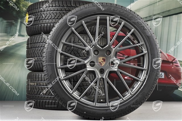 21-inch Cayenne RS Spyder winter wheel set, rims 9,5J x 21 ET46 + 11,0J x 21 ET58 + Pirelli winter tyres 275/40 R21 + 305/35 R21, with TPMS, Platinum satin matt