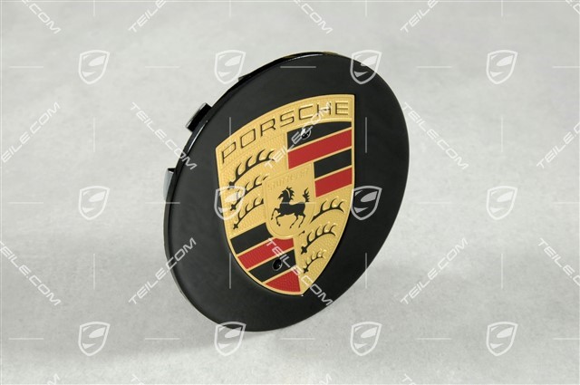 Hub cap, round, concave, Porsche crest coloured, Jet Black Metallic