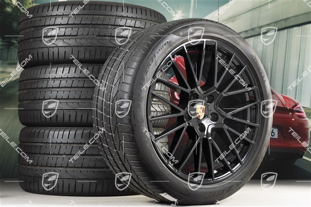 21-inch Cayenne RS Spyder summer wheel set, rims 9,5J x 21 ET46 + 11,0J x 21 ET58 + Pirelli P Zero summer tyres 285/40 R21 + 315/35 R21, with TPMS, black high gloss