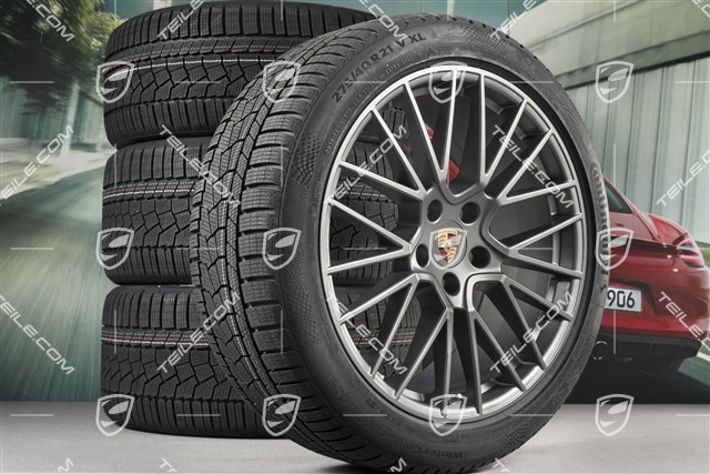 21-inch Cayenne COUPÉ RS Spyder winter wheel set, rims 9,5J x 21 ET46 + 11,0J x 21 ET49 + Continental winter tyres275/40 R21 + 305/35 R21, with TPMS, Platinum satin matt