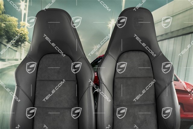 Sport Seats, el. adjustable, 18-way, heating, lumbar, leather/Alcantara, black, with Porsche crest, set, L+R