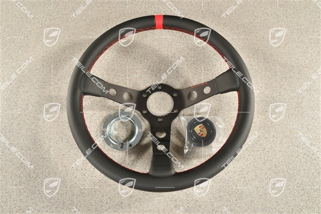 Sportowa kierownica, trójramienna, skórzana z czerwonymi przeszyciami, bez poduszki powietrznej i homologacji drogowej