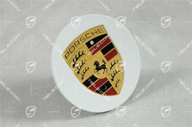 Hub cap, round, concave, Porsche crest coloured, White