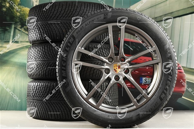 21-inch Cayenne Turbo winter wheel set, rims 9,5J x 21 ET46 + 11,0J x 21 ET58 + NEW Michelin winter tyres 285/45 R21 + 305/40 R21, with TPMS, Platinum satin matt