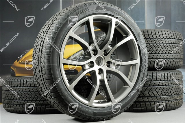 21-inch Cayenne Exclusive Design winter wheel set, rims 9,5J x 21 ET46 + 11,0J x 21 ET58 + Pirelli winter tyres 275/40 R21 + 305/35 R21, with TPMS, Platinum Satin Matt