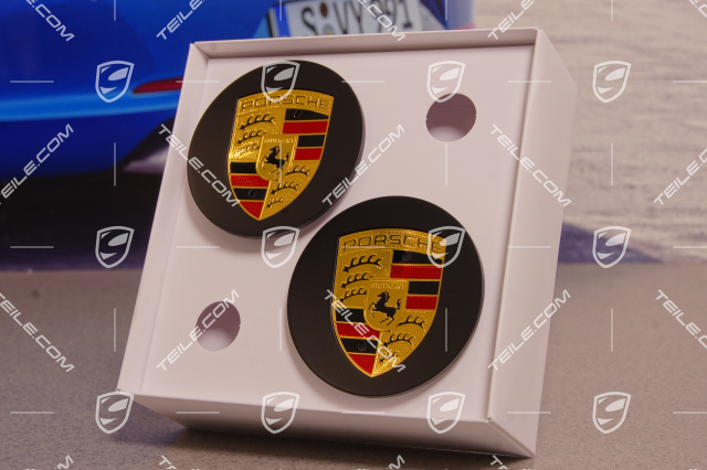 Radzierdeckel Satz, Wappen farbig, für 20" Boxster Spyder / 20" Carrera S Felgen, konkav, Schwarz Seidenmatt