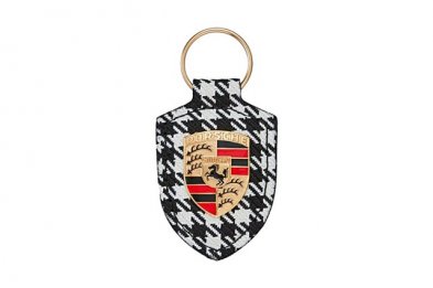 Porsche crest keyring, Heritage Kollektion, leather + pepita  fabric black/white / new / Accessories / F. Keyrings & Key straps /  WAP0500340PWSA